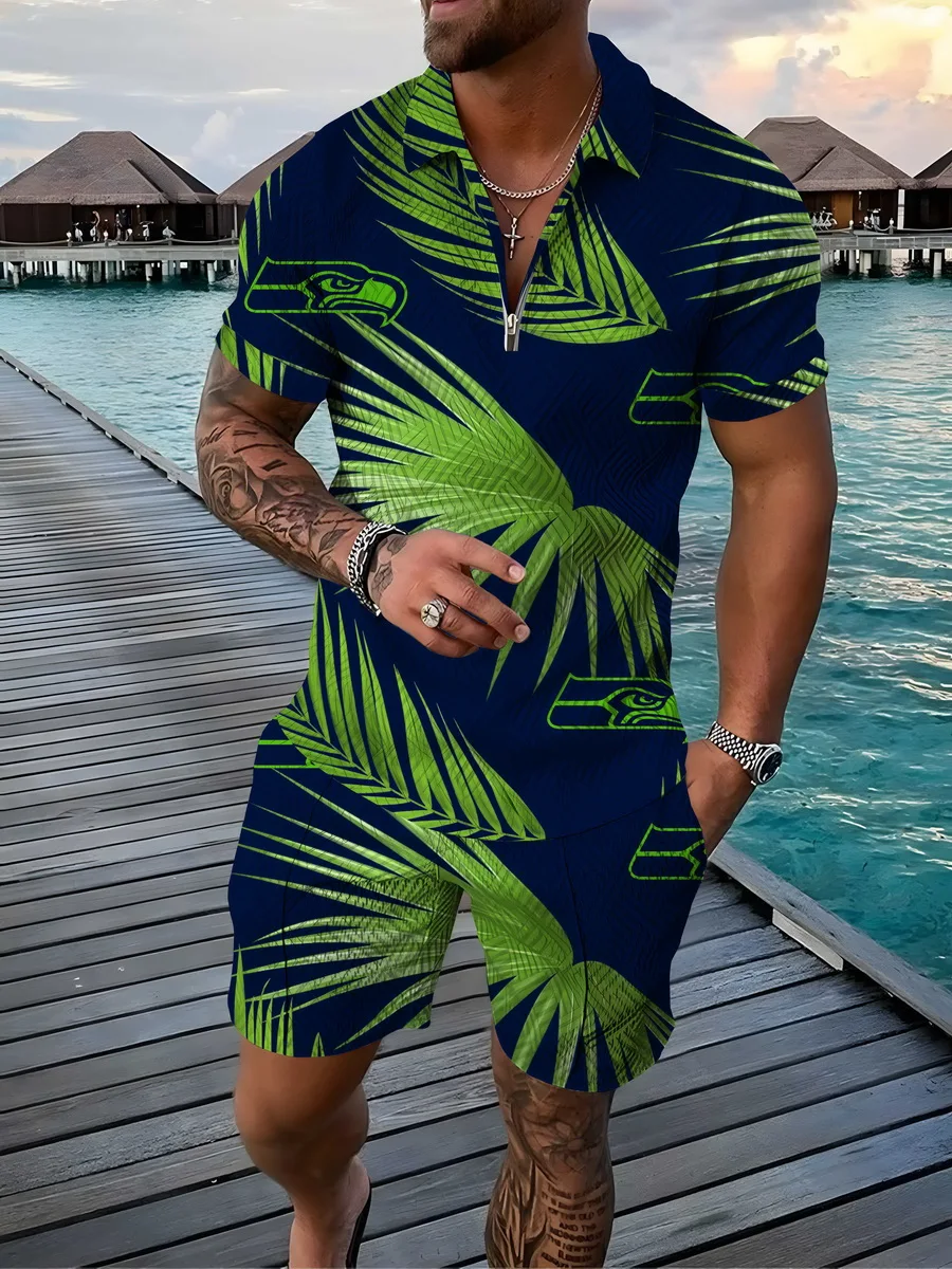 Men's Activewear Casual Short Sleeve Zip Polo Shirt and Shorts Set Men's Casual Hawaiian 3D Print Streetwear 2 Piece Set