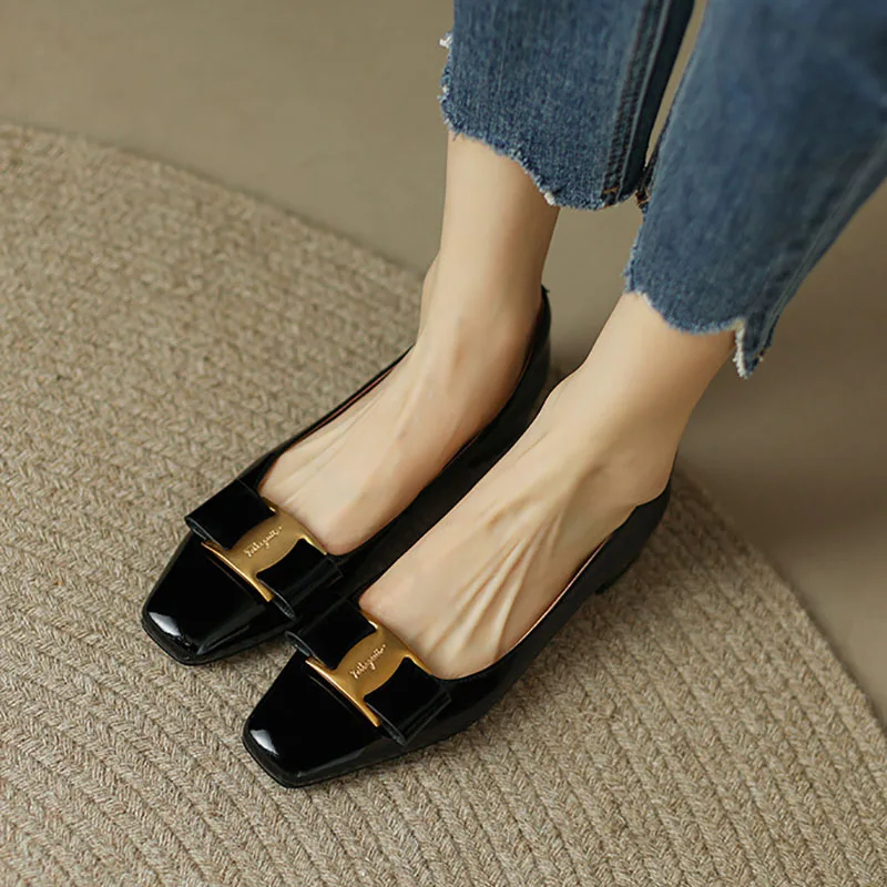 Ladies Pumps Bowtie Women Flats Elegantes Dress Shoes Patent Leather Slip on Boat Shoes Square Toe Office zapatillas Mujer
