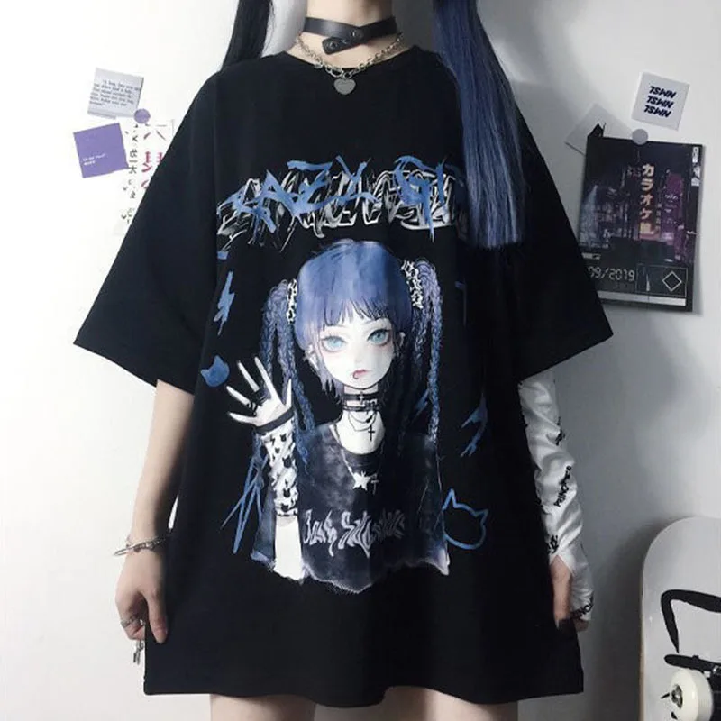 

Harajuku Women T Shirt Cartoon Classsic Oversized Tshirts Gothic Clothes Dark Edgy Grunge 90s Hippie Top College Style T-shirt
