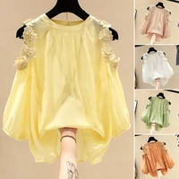 o neck half sleeve flower decor chiffon blouse solid color cold shoulder tee top female clothing
