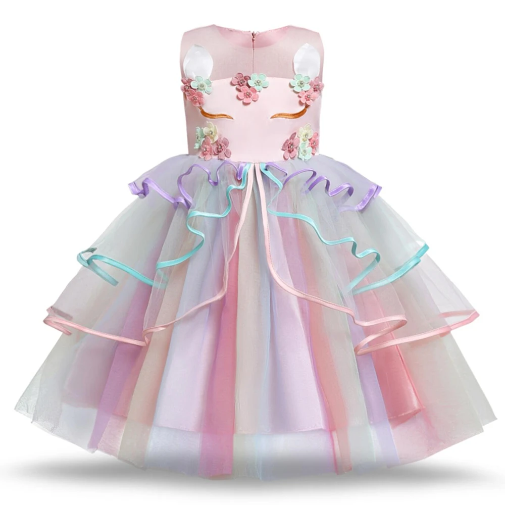 

Костюм принцессы для маленьких девочек на день рождения, детское платье-пачка для косплея для девочек, кружевное Радужное платье с единорог...