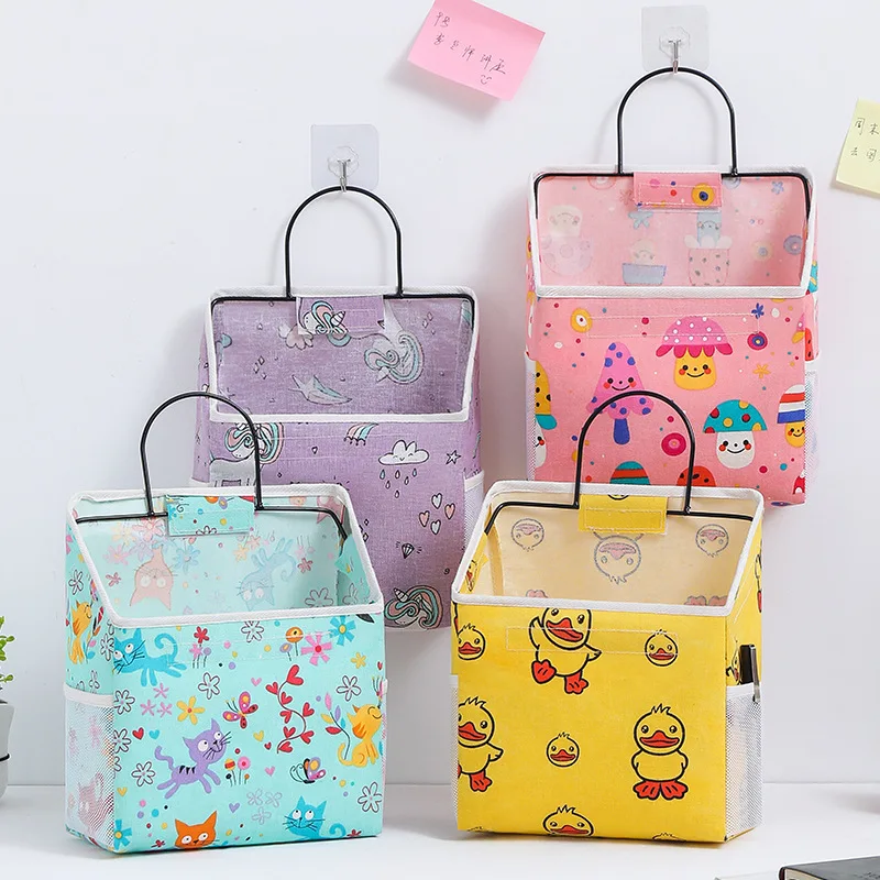 

CANVAS COATED STORAGE BASKET RECTANGLE METAL FRAME SUNDRIES SNACK TABLE ORGANIZER OFFICE BATHROOM HANGING BAG SIDE MESH POCKET