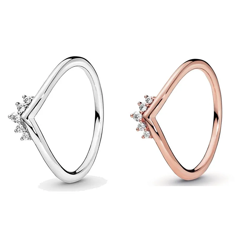 

Authentic 925 Sterling Silver Sparkling Rose Tiara Wishbone With Crystal Ring For Women Wedding Party Europe Fashion Jewelry
