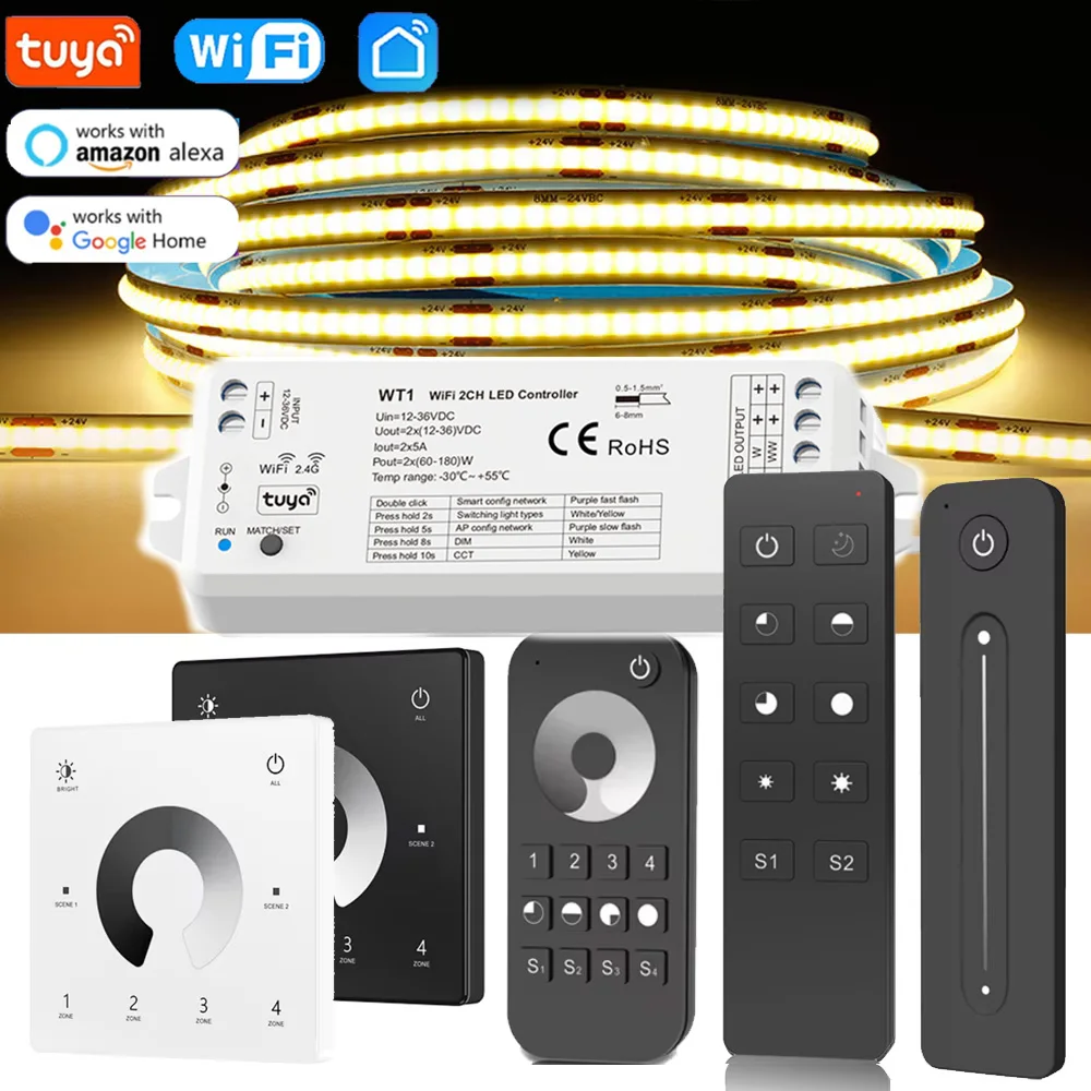 DC24V 10M Tuya Wi-Fi COB Светодиодная лента с регулируемой яркостью одноцветная