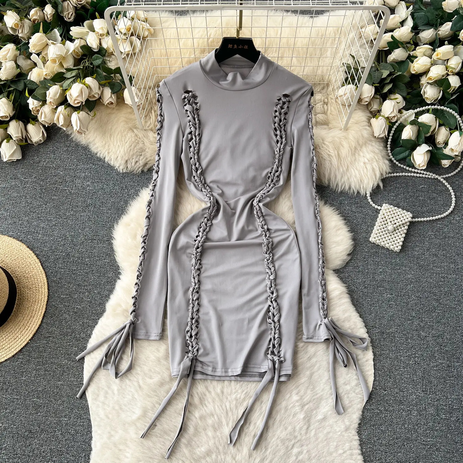 

Autumn 2023 New Design Lace Up Hollow Out Long Sleeve Dress Women Girls Slim Fit Streetwear Mini Short Bodycon Dresses