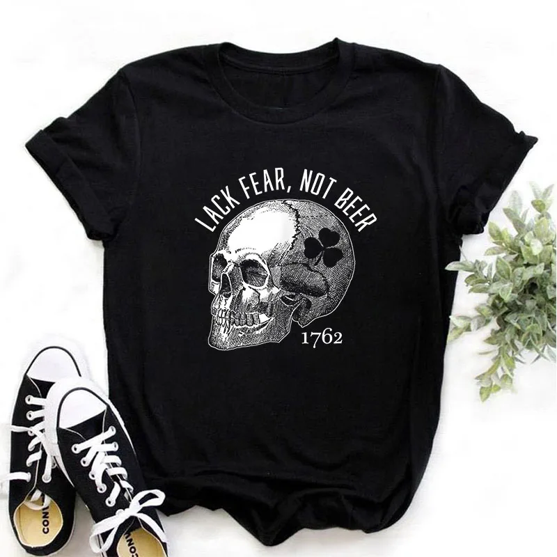 

Rheaclot Lack Fear Not Beer Skulls Women's Trendy Fashion Cotton Round Neck Printed Loose Female Streetwear T-shirt