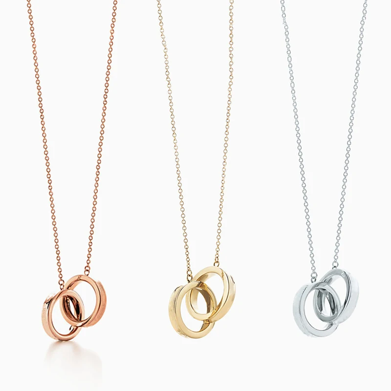 

1:1 925 Sterling Silver Necklace Women's Classic Popular Double Ring Pendant Necklace Personality Wild Luxury Jewelry Gift