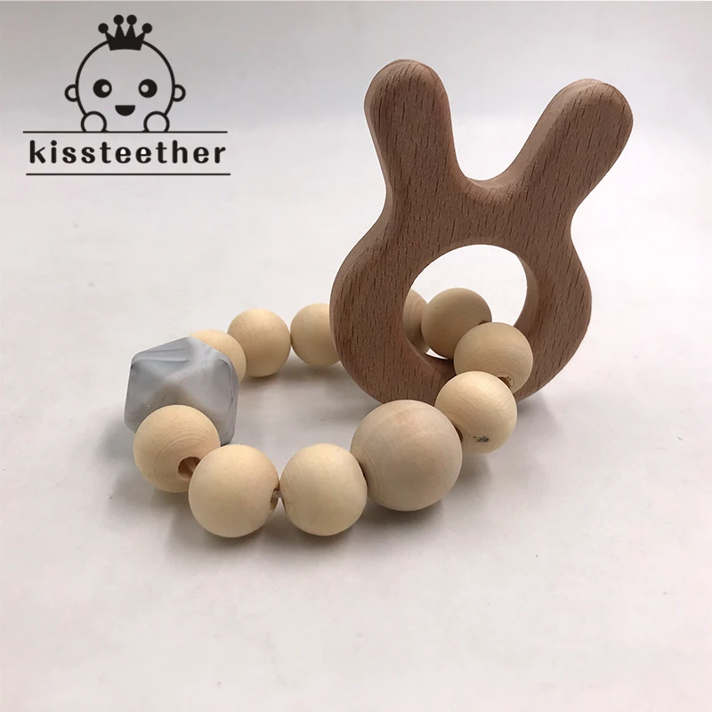 Wooden Baby Bracelet Animal Shaped Jewelry Teething For Baby Organic Wood Silicone Beads Baby Rattle Stroller Accessories Toys