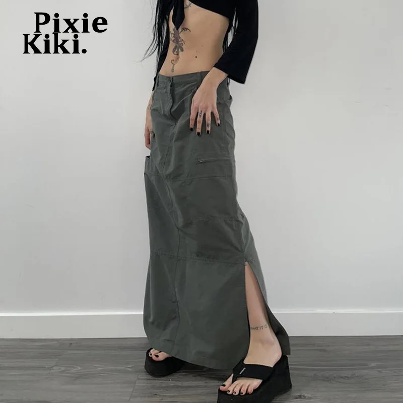

PixieKiki Low Waisted Split Cargo Skirts for Girls Y2k Harajuku Gray Long Skirts Gothic Grunge Vintage Clothes P84-CF21