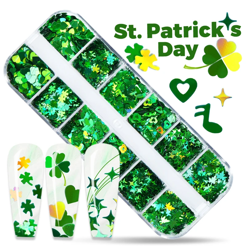 

12 Grids St.Patrick’s Day Nail Art Sequins Shiny Green Shamrocks Glitter Flakes Nail Supplies For Professionals Accessories