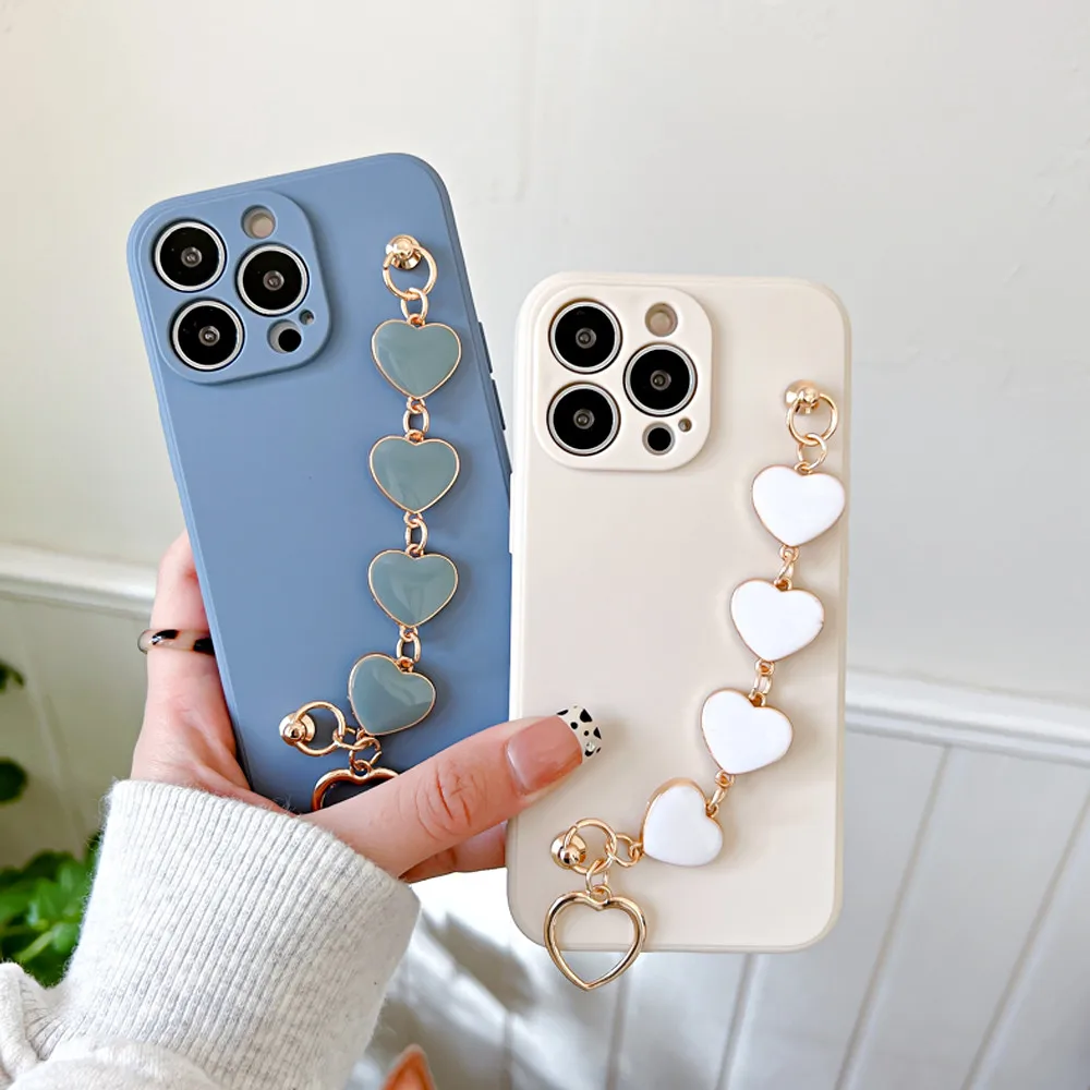 luxury love heart chain wrist bracelet case for xiaomi redmi note 10 9 8 7 pro mi 11 lite poco x3 pro soft silicone phone cover free global shipping