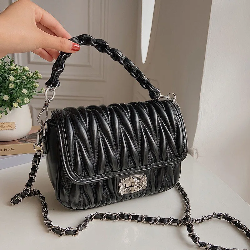 

Pure Color Pleated Shoulder Bag New Rhinestone Chain Crossbody Bags Autumn Winter Small Square Bag Brand Designer Underarm Bags