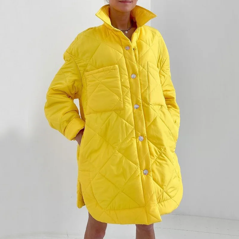 Women Fashion Simple Argyle Coats Women Elegant Turn Down Collar Solid Cotton Jackets Front Buttons Parkas Female Ladies Outwear