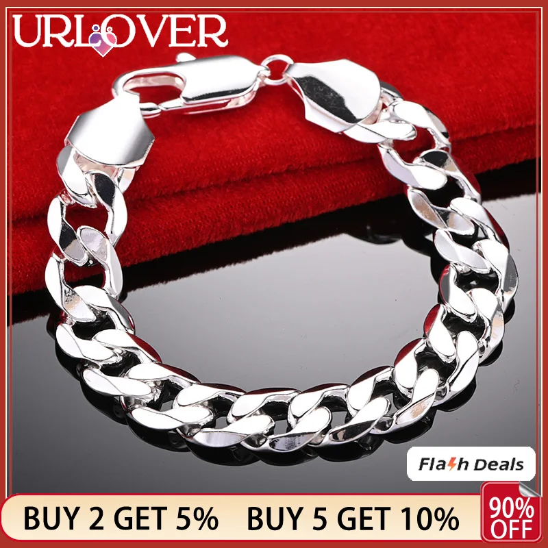 

URLOVER 925 Stamp Silver Color 12mm Man Cuban Bracelets For Woman Chain Wedding Accessories Party Birthday Gift Fashion Jewelry