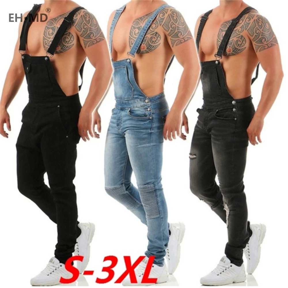 One-piece Overalls Jeans Men's Hole Scratched Black Trousers Popular Work Pants Slim Feet Wild Fashion Strap Comfortable