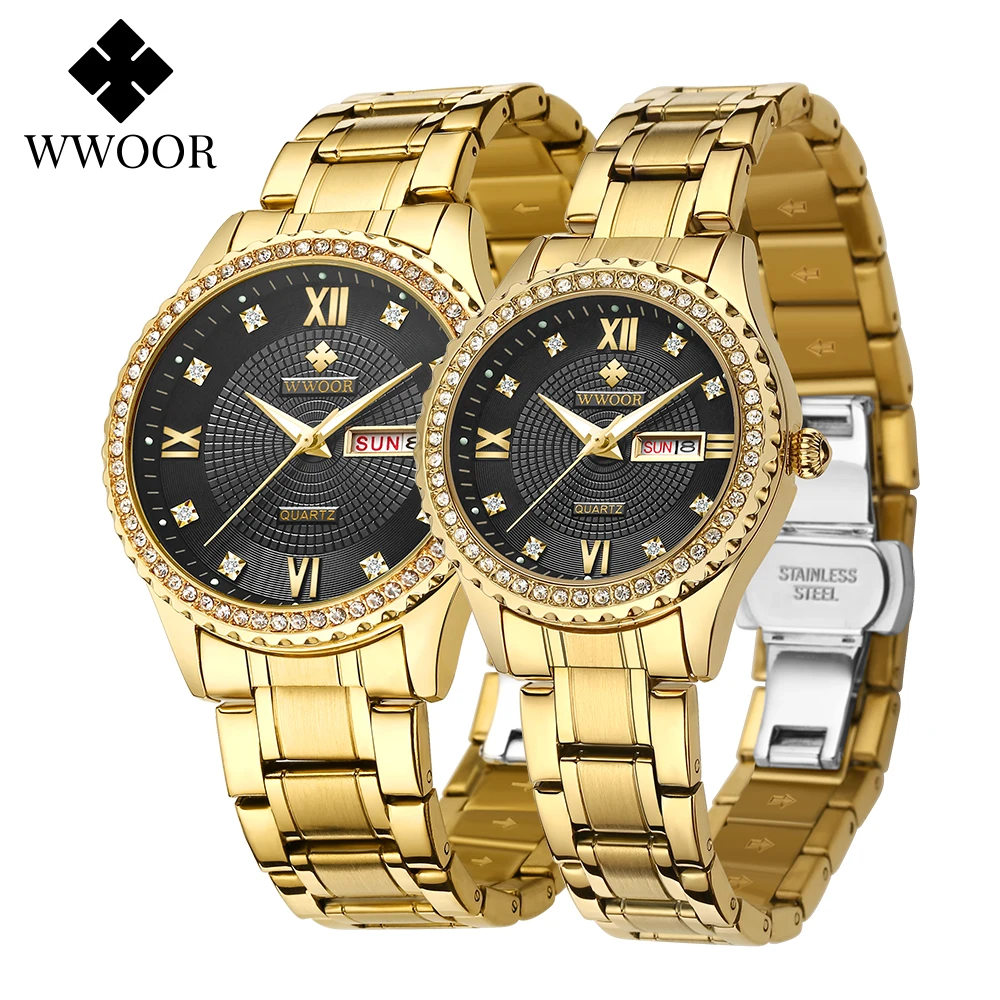 WWOOR Couple Watches 2022 Luxury Diamond Gold Stainless Steel Quartz Lover Watches Gifts For Men And Women Clock Pair Watch Box