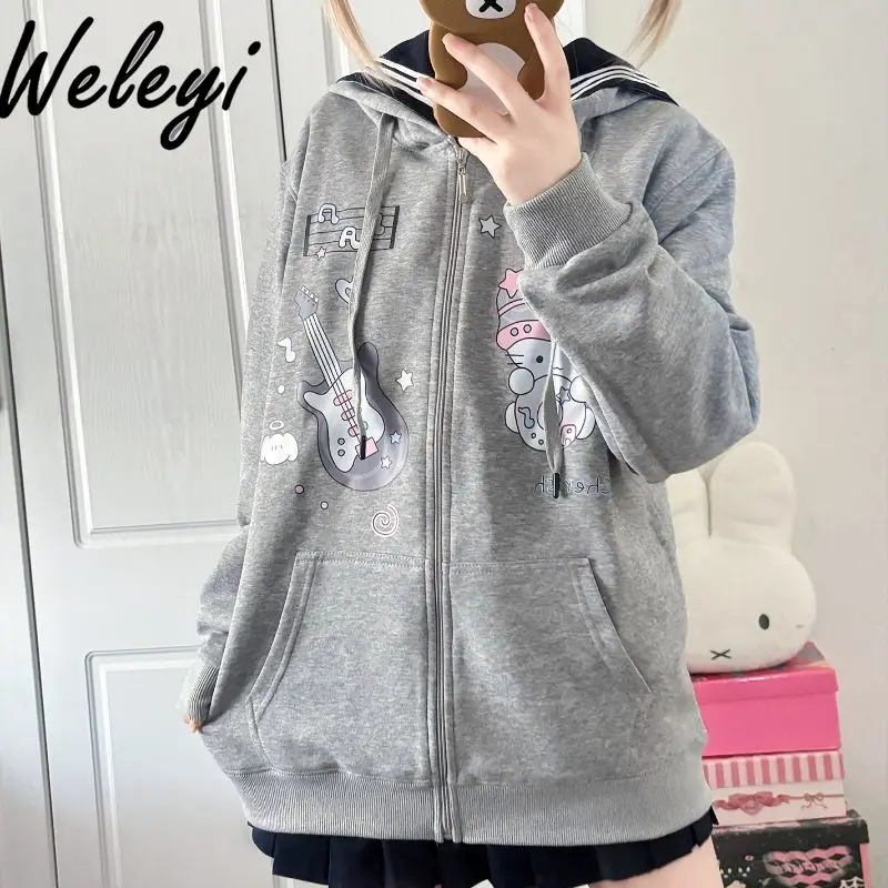 Серый кардиган с принтом Счастливый котенок в студенческом стиле женская