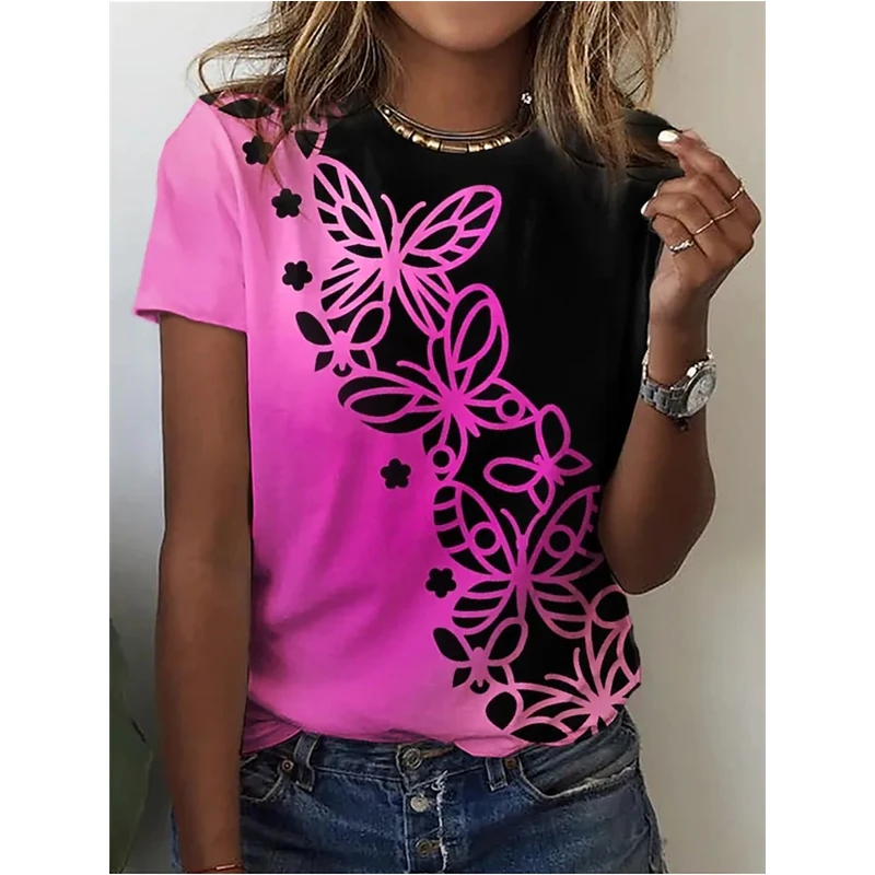 

Fashion Woman T-shirts 2022 3D Purple Butterfly Printing Summer Top Streetwear Women Comfortable Short Sleeve Crew Neck Tops