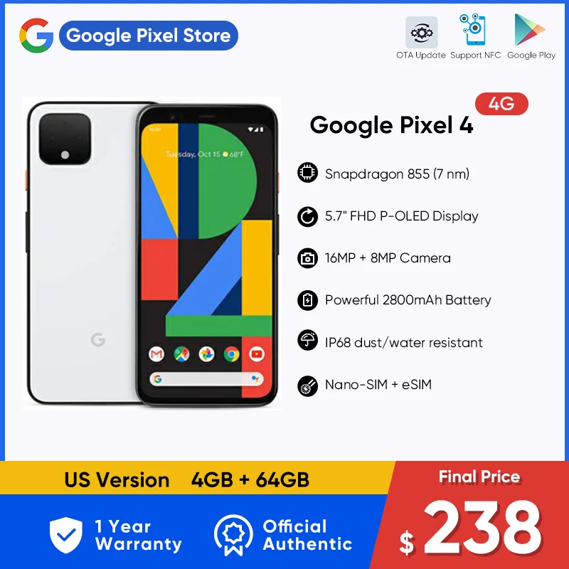 

Brand Google Pixel 4 4G Smartphone Octa Core Snapdragon 855G 5.7” OLED Display 90Hz Full Screen NFC Android Phone