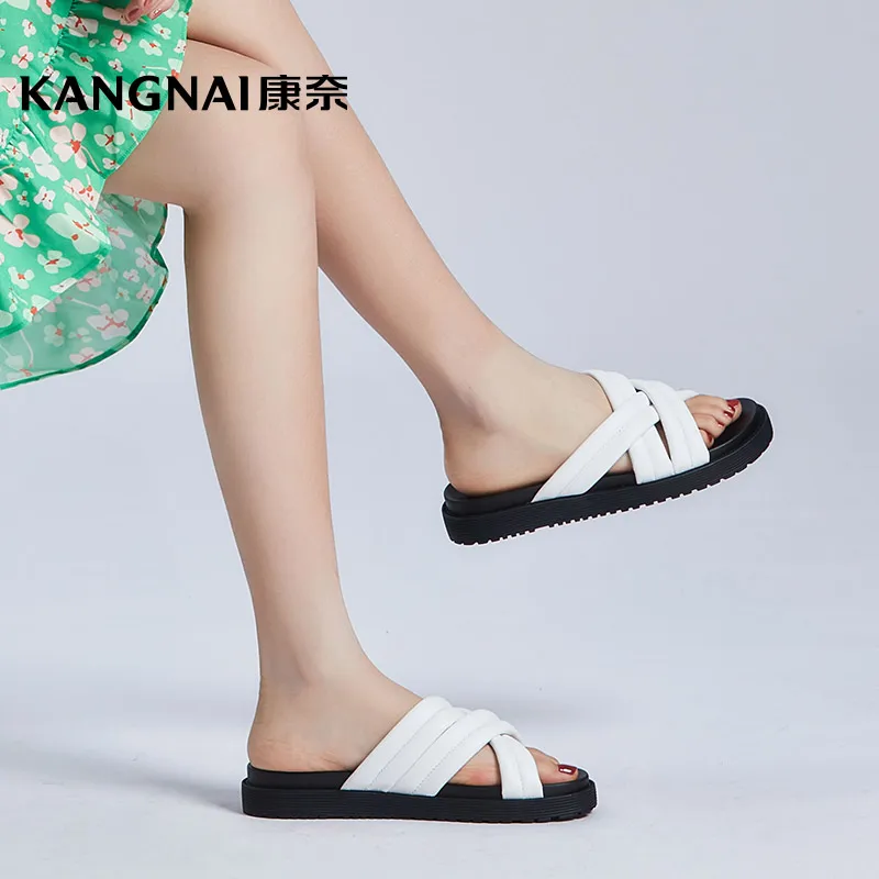 

Шлепанцы Kangnai женские из коровьей кожи с перекрестными ремешками, сланцы с открытым носком, Повседневная летняя пляжная обувь на плоской по...