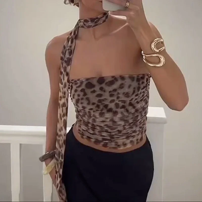 Женский укороченный Топ без бретелек с леопардовым принтом