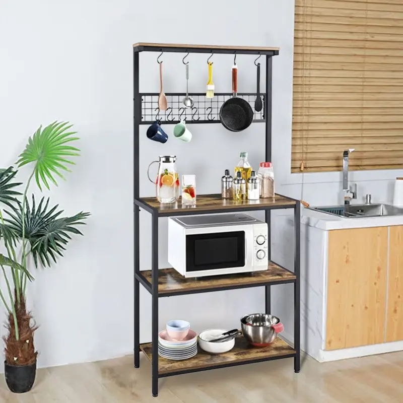 

67" Wooden Kitchen Bakers Rack with 4 Storage Shelves & 10 Hooks Rustic Brown