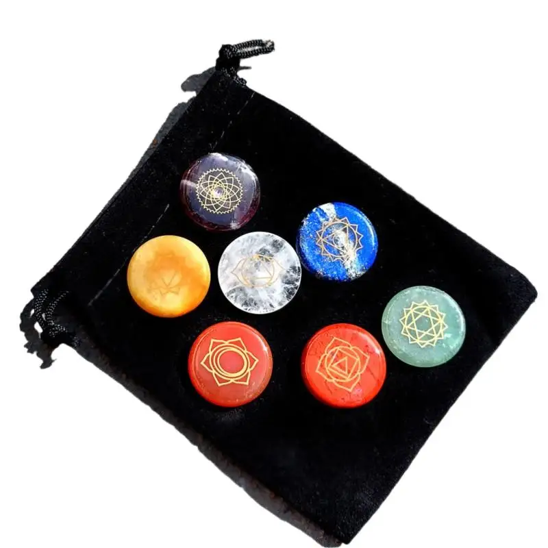 

7 Chakra Symbol Crystal Stones Set Natural Reiki Healing Crystal Bulk Palm Polished Pocket Gemstones yoga Meditation Balancing