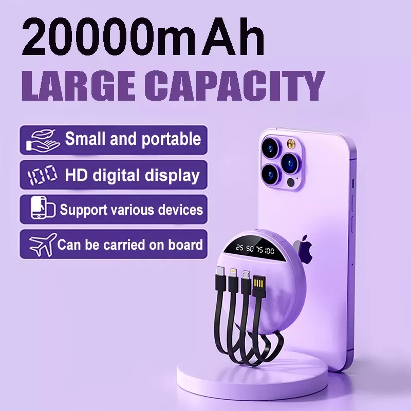 

2023New 20000mAh Mini Power Bank Portable Large Capacity External Battery With 4 Lines For Iphone Huawei Xiaomi Digital Display