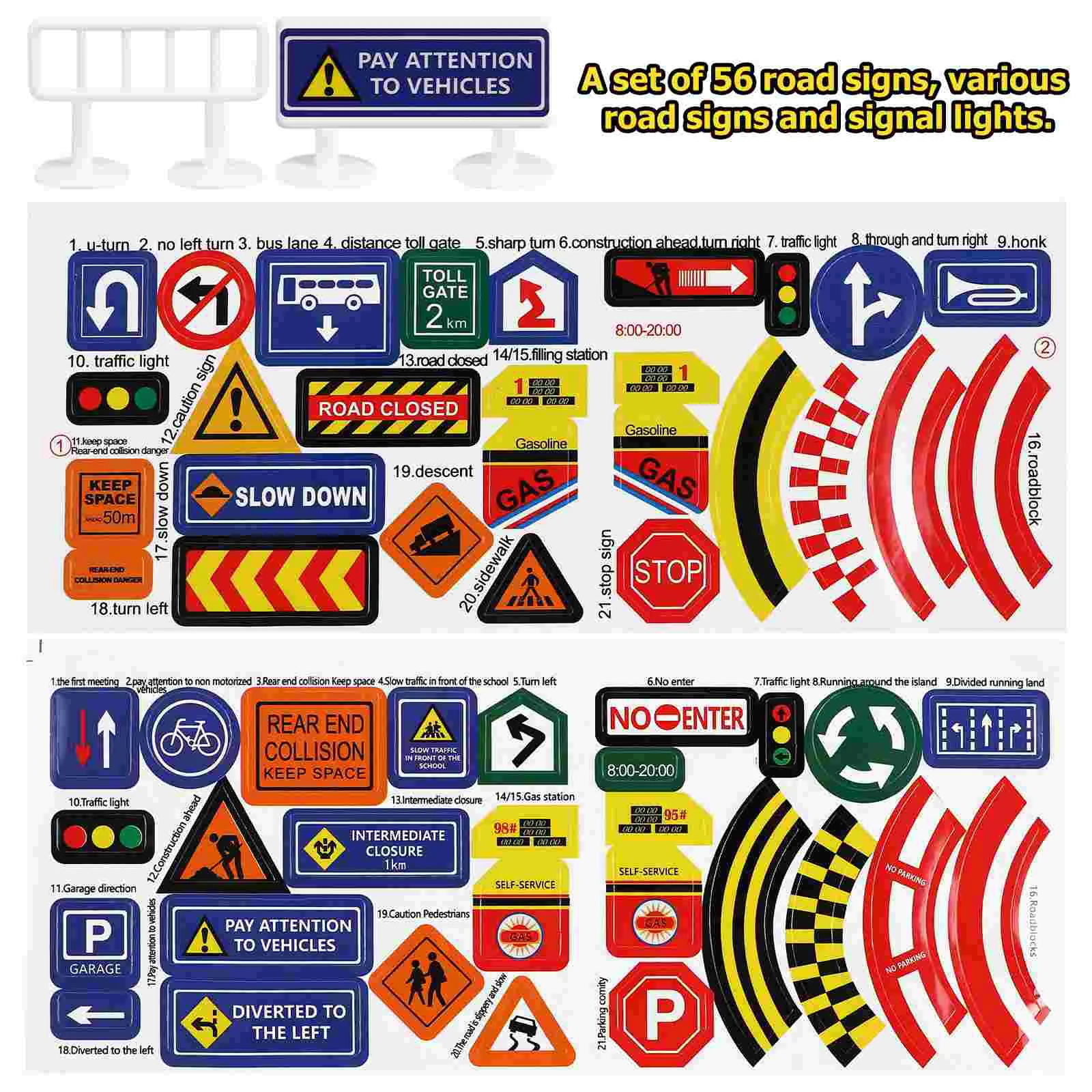 56 Pcs Traffic Light Toy Road Signs Playset Emblems Ornament Pipeline Construction for Kids Plastic