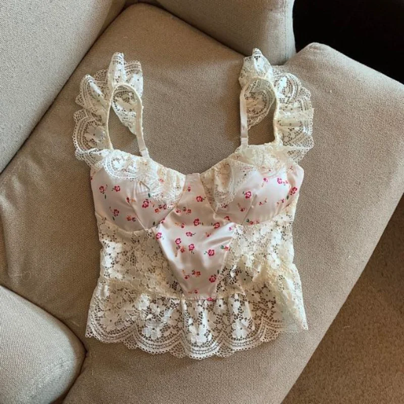 

Hikigawa Floral Print Lace Patchwork Camisole Women Sleeveless Sexy Casual Tanks Chic Fashion All Match Y2k Crop Tops Mujer