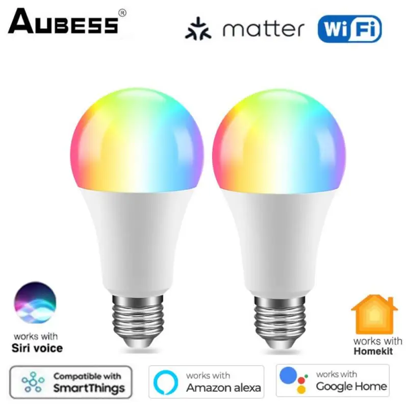 

Matter WiFi Smart Bulb Dimmable LED Light E27 9W RGB+Warm+White Homekit Control Works with Siri Alexa Google Home Smart Home