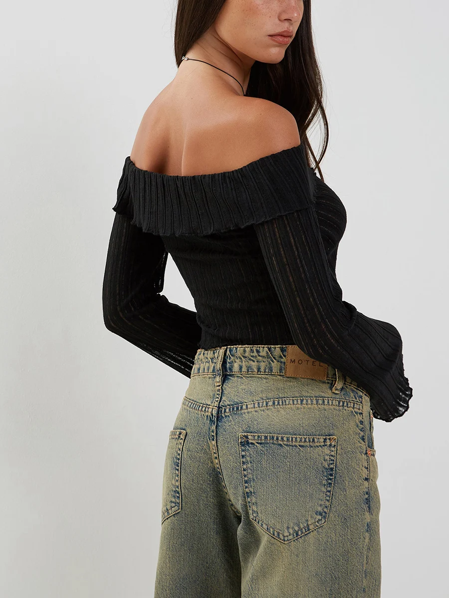 

Women Casual Solid Sweater Top Long Sleeve Off Shoulder Ribbed Knit Cropped Shirt Fairy Grunge Fall Y2K Streetwear