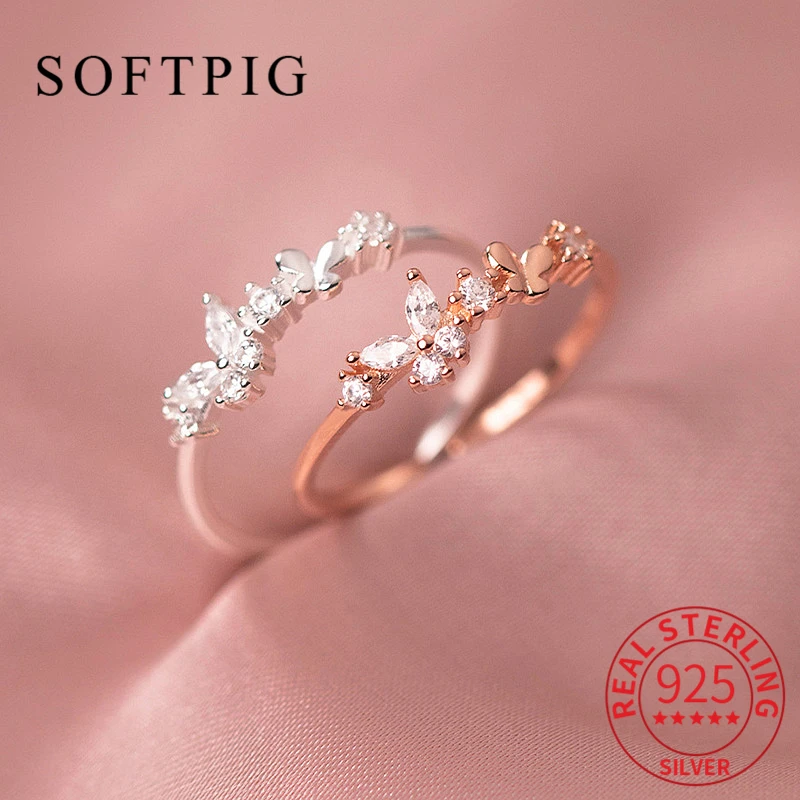 SOFTPIG INS Real 925 Sterling Silver Zircon Butterfly Adjustable Ring For Women Cute Insect Fine Jewelry Minimalist Bijoux