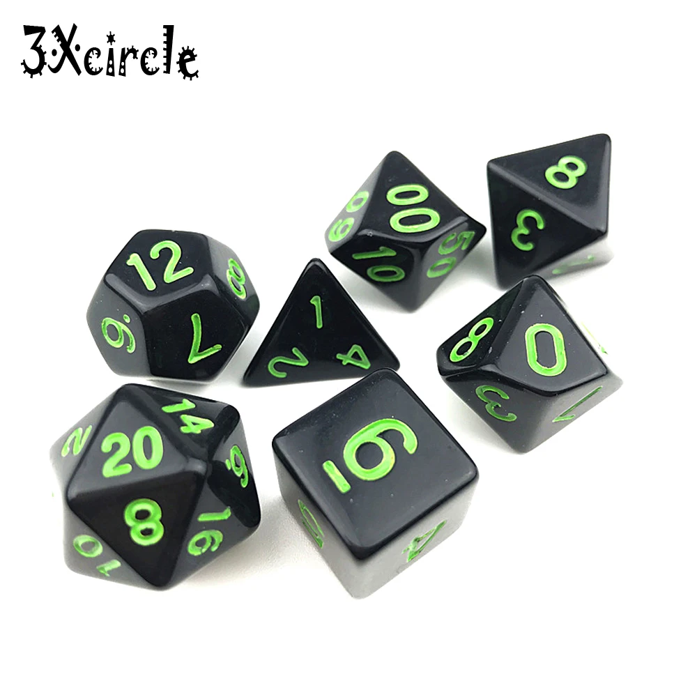 

Black with Blue Ink Color 7pcs Opaque Dice Set D4,D6,D8,D10,D10%,D12,D20 Polyhedral Dices Dnd Rpg Board Game