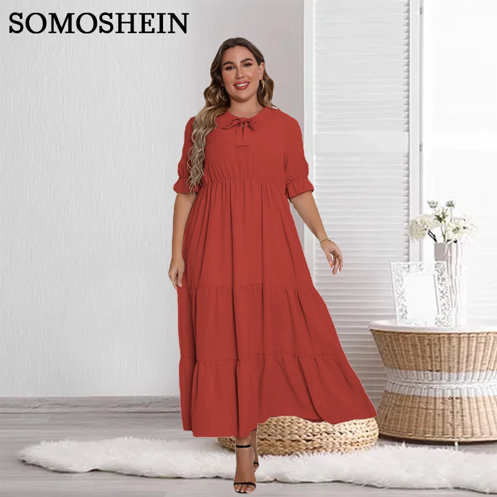 

SOMOSHEIN Plus Size Women Clothing Summer Fashion High Waist Round-Neck Bow Solid Color Elegant Dress Wholesale Dropshipping