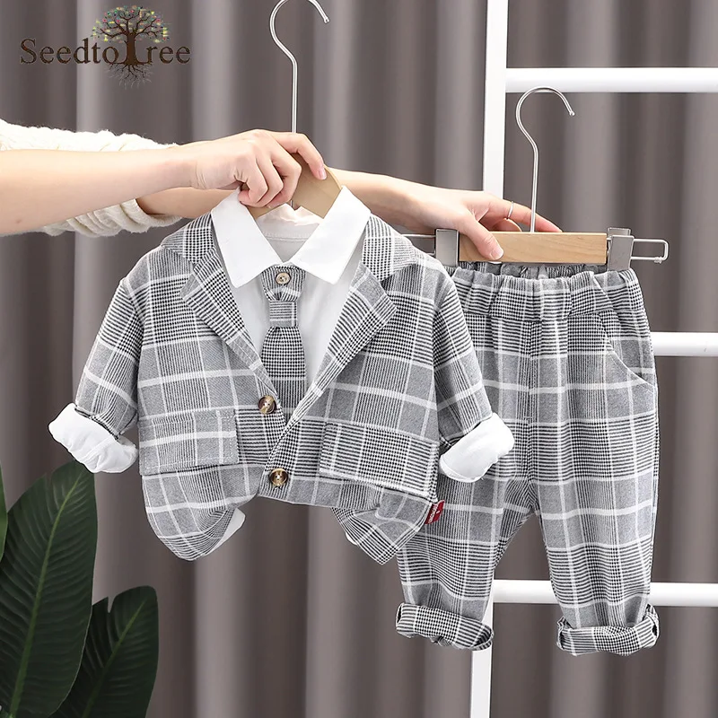 

2022 Spring and Autumn Children's Sets Casual Plaid Long SleeveTurndown Collar Coat T-shirt Pants Three Piece Suit