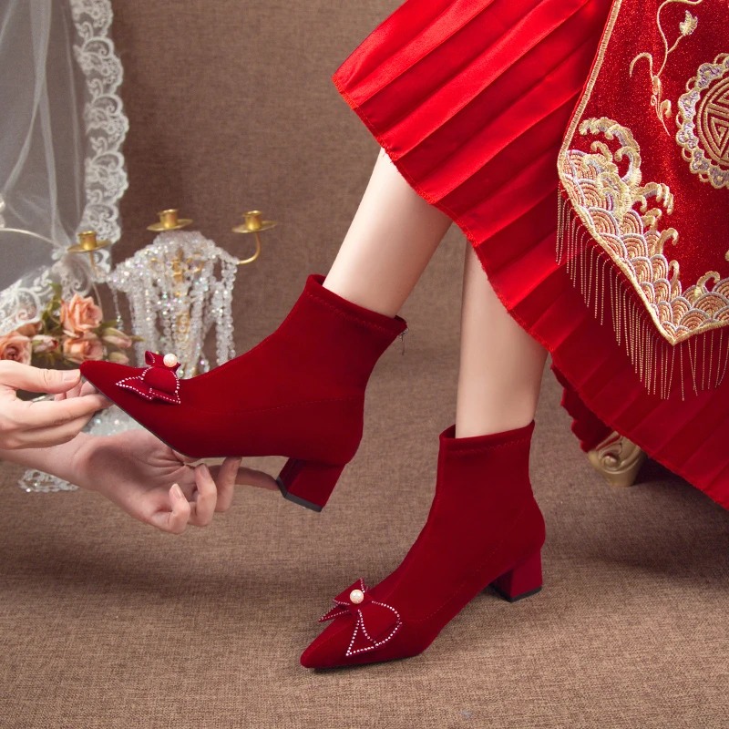 Красные женские ботильоны зимняя обувь женская 2024 туфли-лодочки до щиколотки на