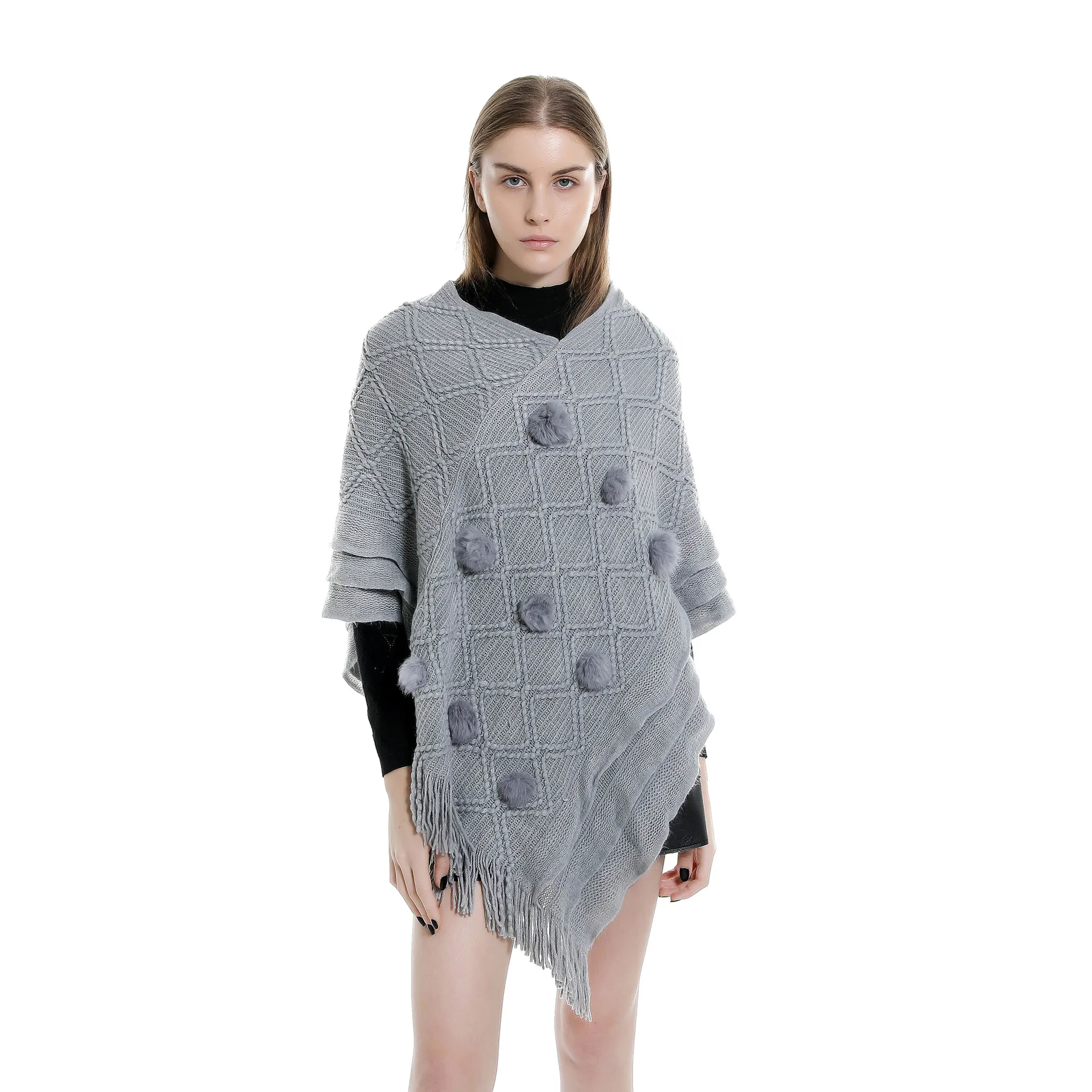 

Уличная однотонная шаровая накидка с бахромой, теплая шаль