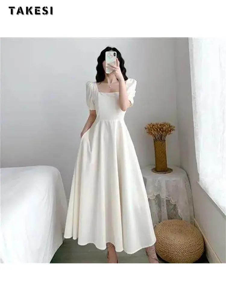 

Женское винтажное офисное платье-трапеция, элегантное однотонное платье средней длины с квадратным вырезом, рукавами-фонариками и высокой ...