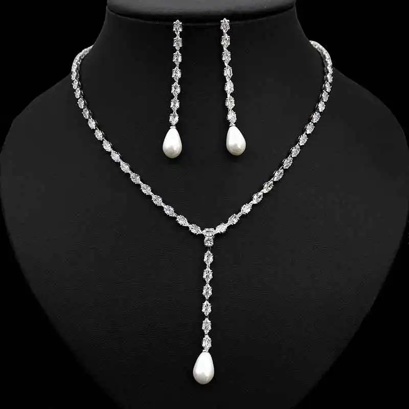 

Элегантное ожерелье из кубического циркония и Длинная подвеска из жемчуга и серьги-капли Свадебный комплект ювелирных изделий 2023