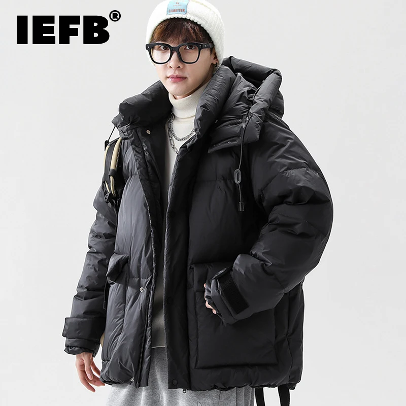 IEFB Men's Thickened Down Jacket Wear 2022 Winter New Basic Coat Solid Color Pocket With Hat Casual Male Korean Fashion 9A6025