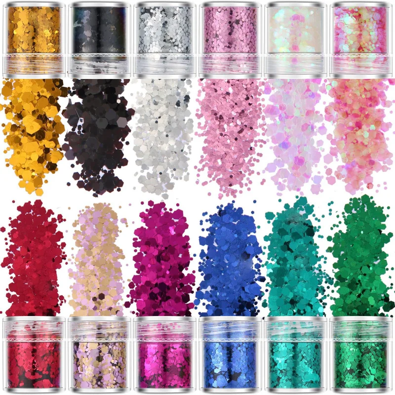 

Holographic Chunky Nail Sequins Iridescent Mixed Hexagon Sparkly Flakes Body/Eye Powder Dust Manicure Glitter 12 Colors