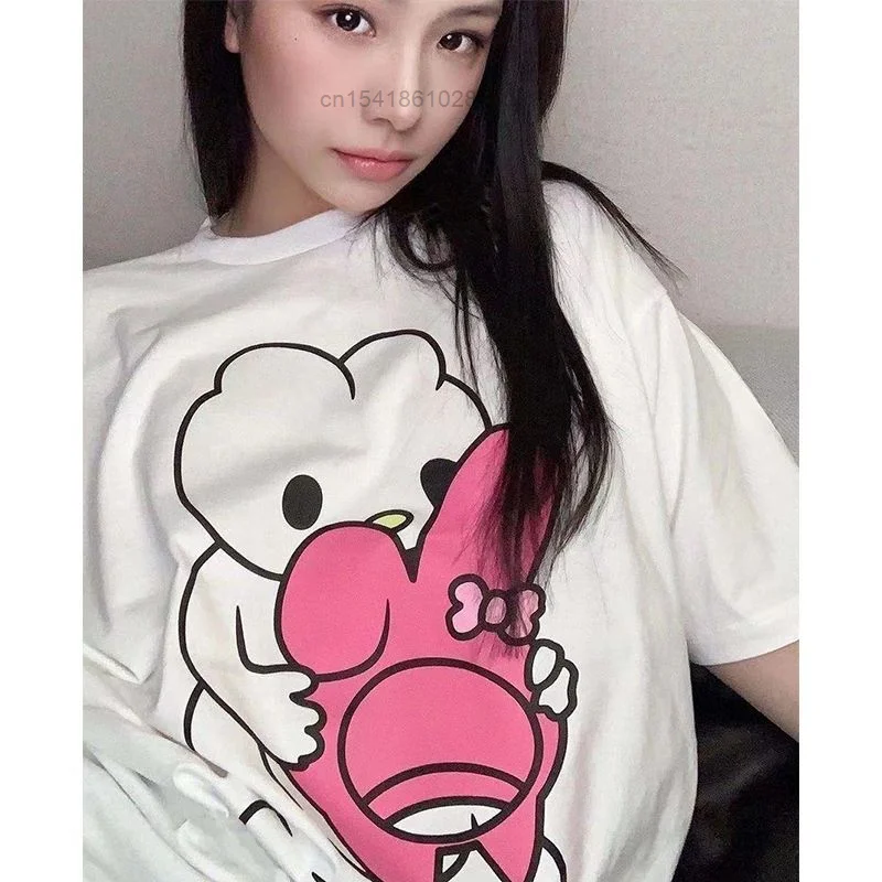 

Girly Pink Cute Cartoon Melody Funny Print White T-shirt Short Sleeved Female Student Design Loose Simple Top Aesthetic Clothes