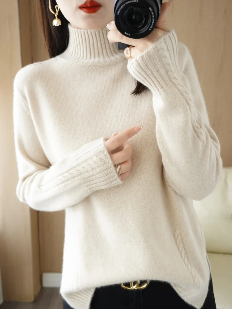 

Half-Necked Padded Pullover Warm Sweater Women's Split Twist Long Sleeve Knitted Bottoming Shirt Loose Turtleneck Wool Women