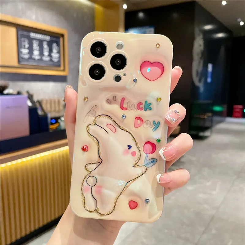 

Cartoon Rabbit Cover For iPhone 14 7 8 Plus 13 12 11 Pro XS Max X XR Fashion Glossy Soft Blu-ray Shockproof Silicone Phone Case