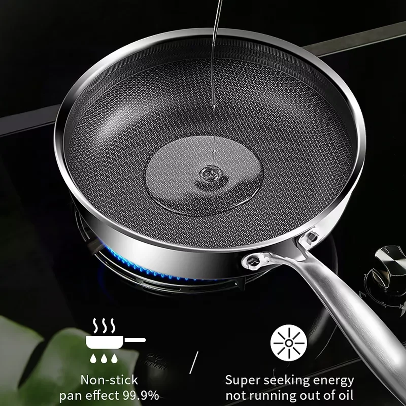 

2023 20/26CM Frying Pan Food Grade 304 Stainless Steel Non Stick Pan Honeycomb Pot Bottom Induction Cooker Gas Stove General Wok