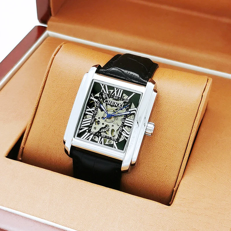 

Skeleton Automatic Mechanical Watch Men's Retro Square Watch Male Student Waterproof Large Dial