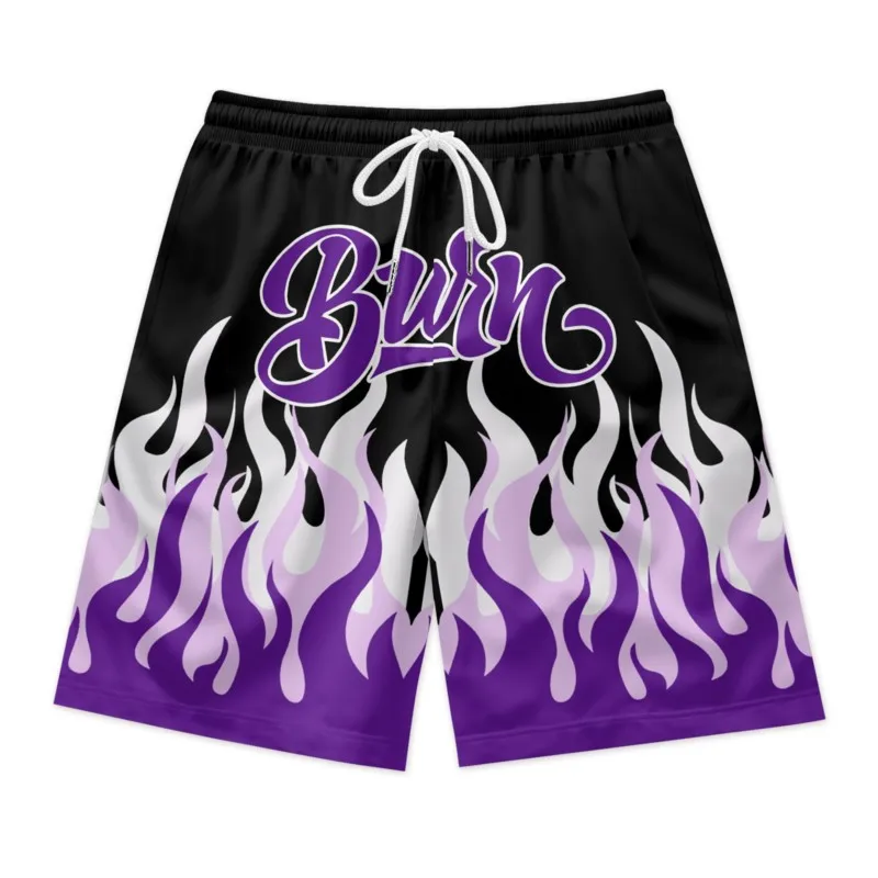 Мужские черные шорты с фиолетовым пламенным принтом на талии быстросохнущие