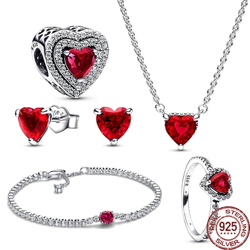 

2023Hot selling 925 Sterling Silver Brilliant Red Heart Series Set Exquisite Charm Jewelry Five Piece Set give Girlfriends