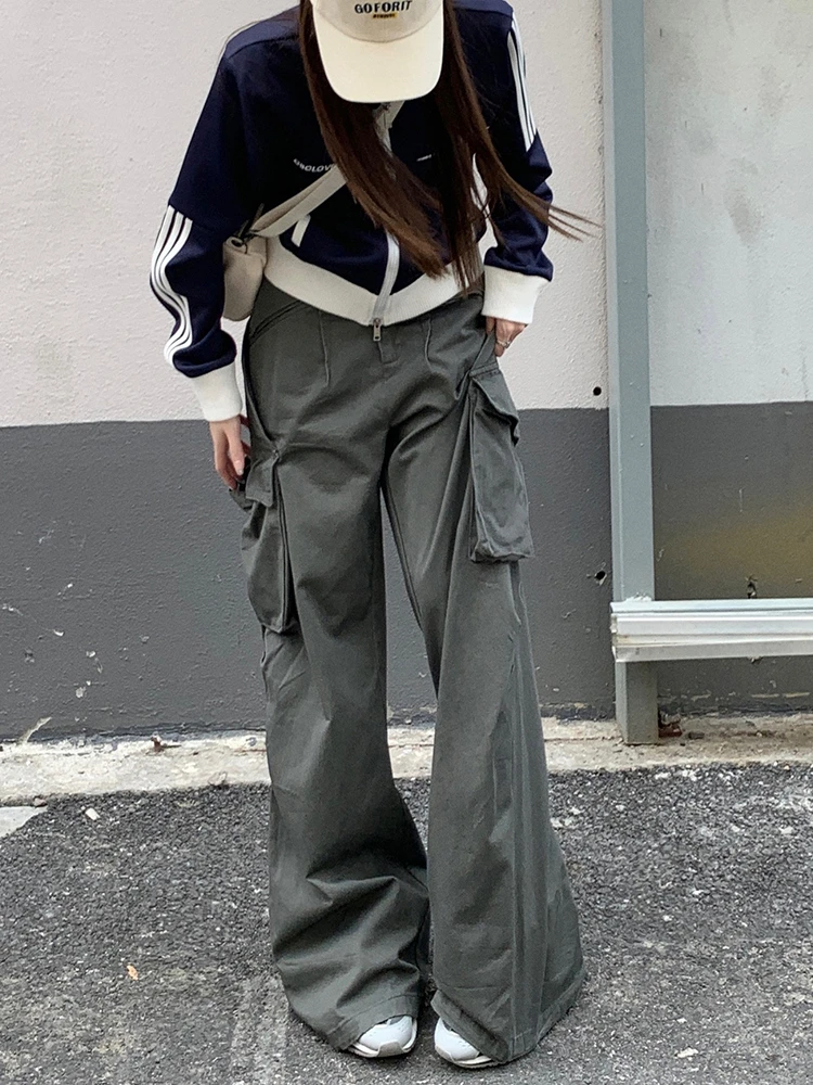 

Женские осенние широкие брюки с высокой талией, модная уличная одежда в Корейском стиле, шикарные Свободные повседневные брюки-карго с карманами, мешковатые брюки для женщин